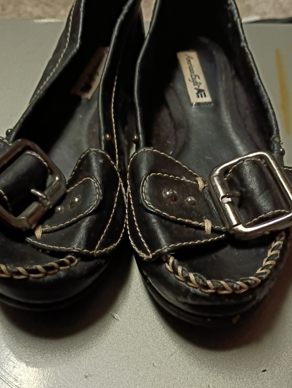 American Eagle By Payless Black Loafers with Silver Buckle